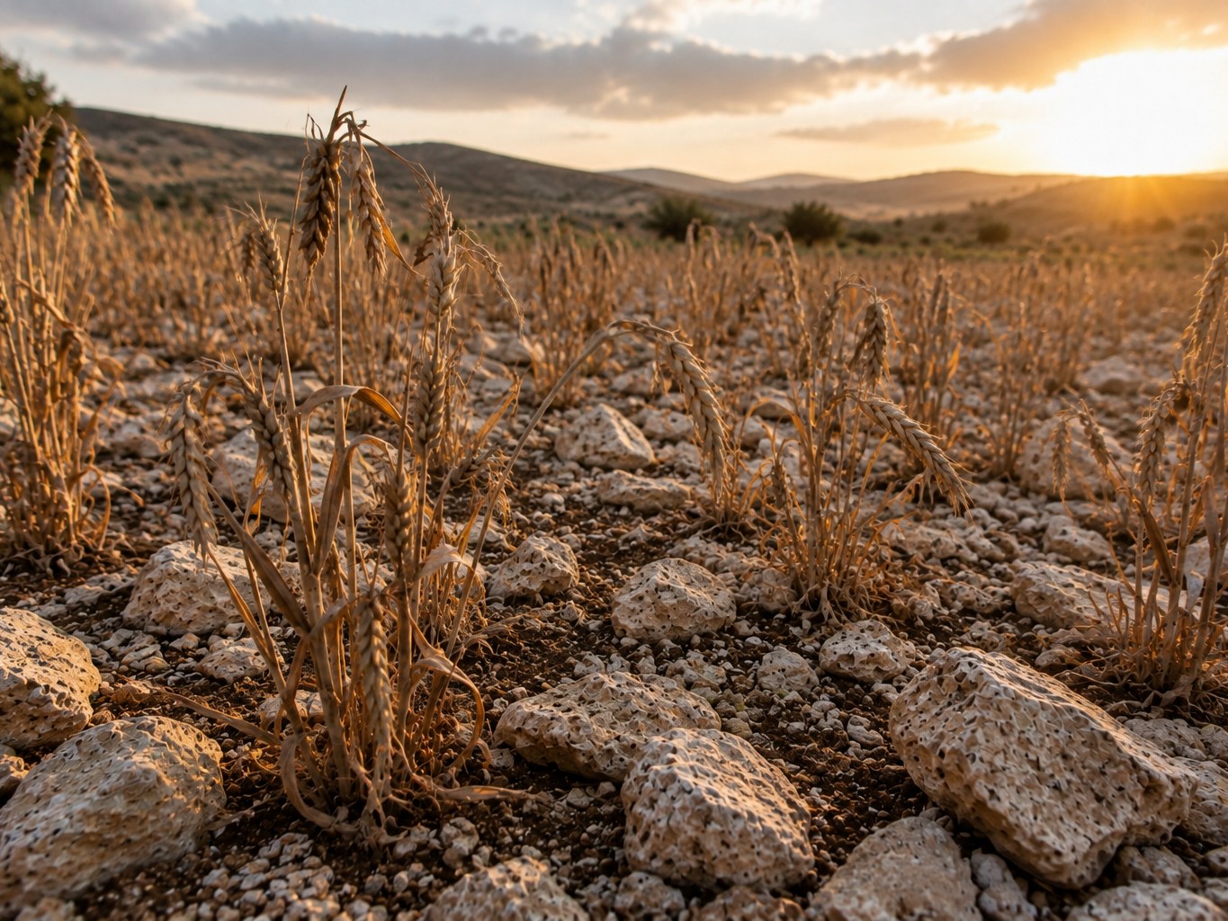 Um solo raso e pedregoso na Palestina do primeiro século sob o sol forte do meio-dia: sobre uma laje de rocha calcária clara, coberta por uma fina camada de terra, brotos verdes de trigo já ressequidos e murchos, tombados e amarelados pela falta de raiz e de água; ao redor, pedras expostas e terra rachada, sem nenhuma sombra. Cena de paisagem árida e serena, sem pessoas.