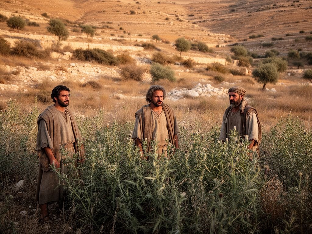 Mudas de trigo verde sufocadas por espinheiros densos e cardos num campo aberto da Palestina antiga, sob luz suave de fim de tarde, sem pessoas.