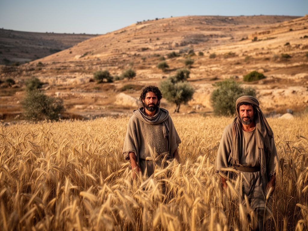 Um campo de trigo dourado, maduro e farto, com espigas pesadas de grãos curvando-se ao vento, colheita abundante numa paisagem semiarida da Terra Santa sob a luz quente do entardecer, sem pessoas.