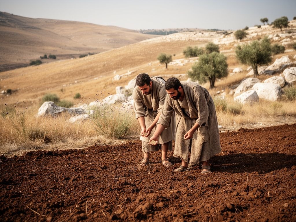 Um lavrador do primeiro século semeando à mão boa semente de trigo num campo lavrado da Palestina, ao amanhecer, com colinas suaves ao fundo; ambiente rural sereno e semiárido, luz natural dourada, sem texto.
