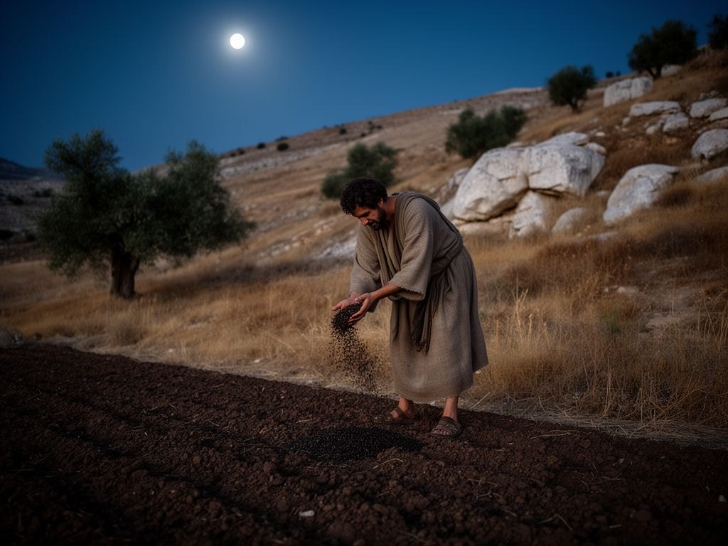 Um homem sozinho, à noite, sob a luz da lua, espalhando furtivamente sementes de joio entre as plantas de trigo de um campo, o rosto parcialmente na sombra; paisagem rural do primeiro século, terreno semiárido, céu escuro e estrelado, clima silencioso de sabotagem oculta.