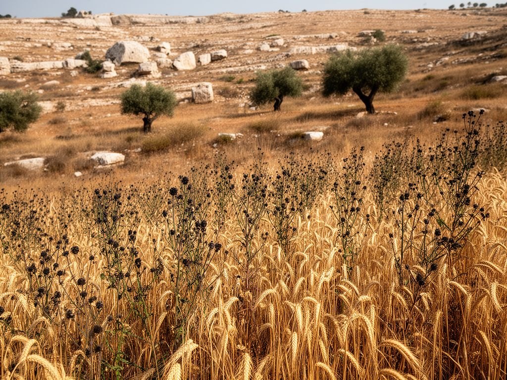 Close de um campo de trigo maduro, com espigas douradas curvadas ao sol da Palestina, e no meio das hastes o joio despontando entre os pés de trigo, uma erva daninha muito parecida, com suas próprias espiguetas eretas e mais escuras. Luz natural serena, ambiente rural do primeiro século, sem pessoas.