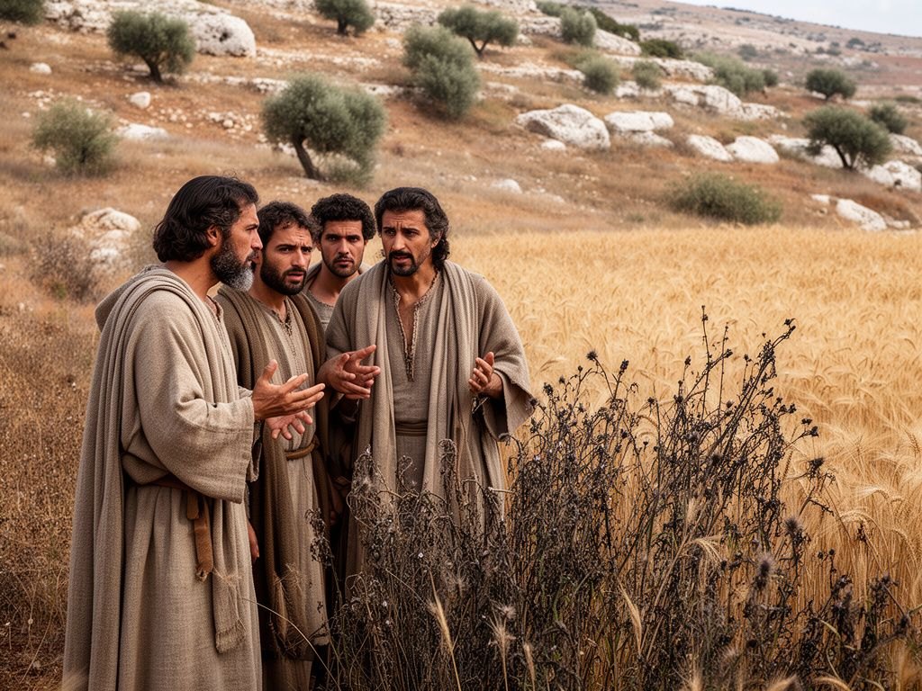 Escravos e trabalhadores do campo, em túnicas do primeiro século, conversando com o dono da propriedade à beira de um campo de trigo onde cresce o joio, paisagem seca do semiárido da Palestina, luz suave da manhã, cena serena.