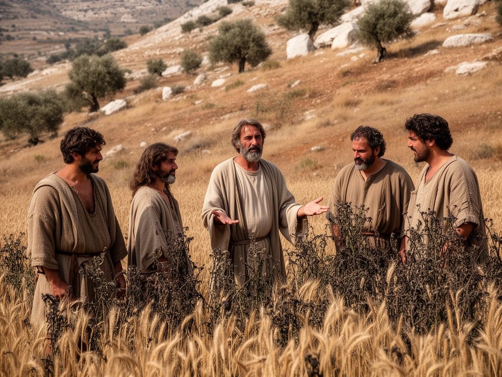 O dono do campo, um homem de túnica simples do primeiro século, respondendo a dois escravos com um gesto de conversa, à beira de uma plantação de trigo dourado misturado com joio, numa paisagem semiárida da Terra Santa sob a luz quente do fim de tarde.