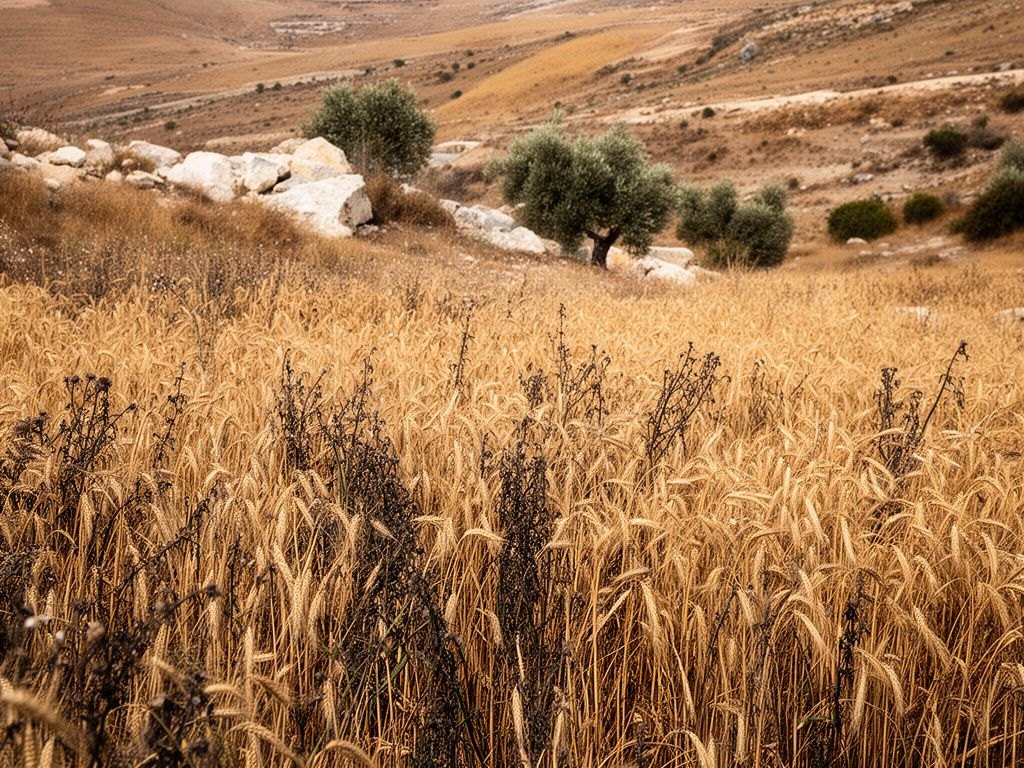 Close do solo de um campo de cereais do primeiro século no semiárido: entre as hastes de trigo e de joio, as raízes das duas plantas aparecem entrelaçadas na terra seca; luz natural suave, cena serena, sem nenhuma pessoa.