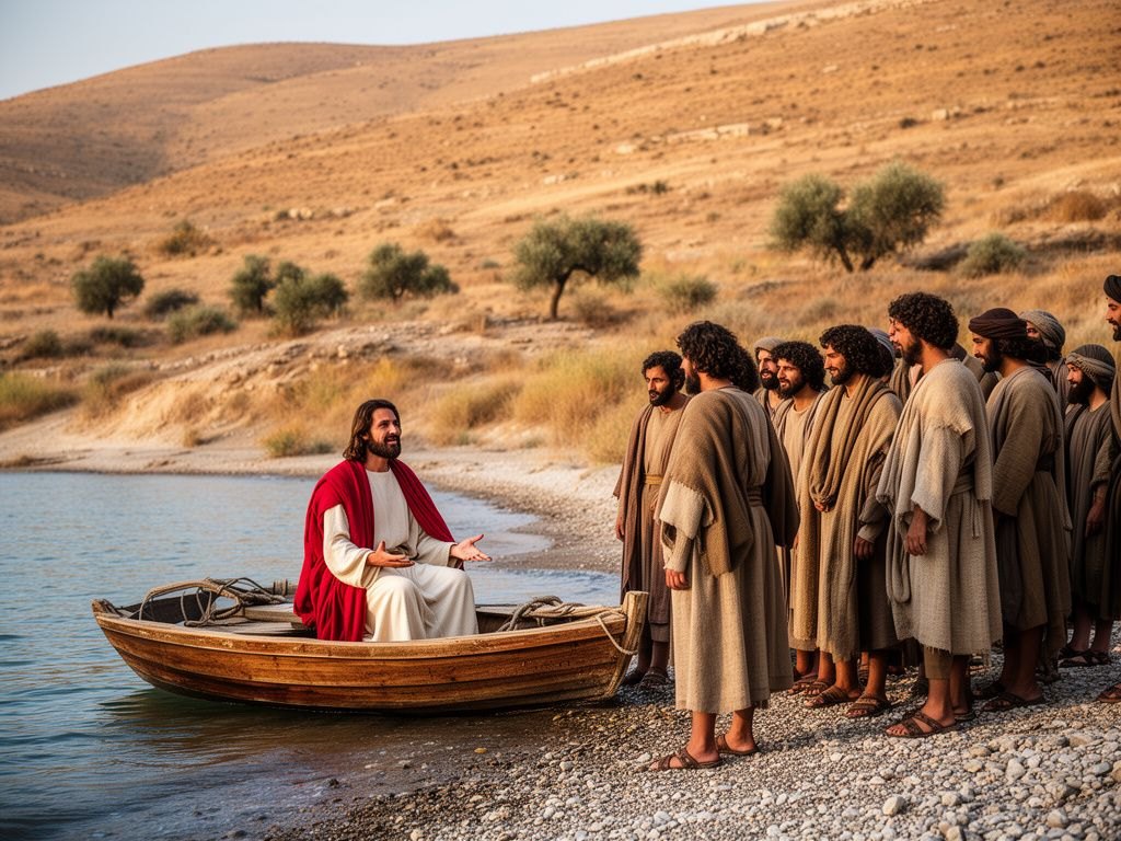 Jesus sentado num barco de madeira encostado à margem do mar da Galileia, ensinando uma grande multidão reunida de pé na praia de areia clara, sob a luz dourada do fim de tarde, com colinas verdes ao fundo.