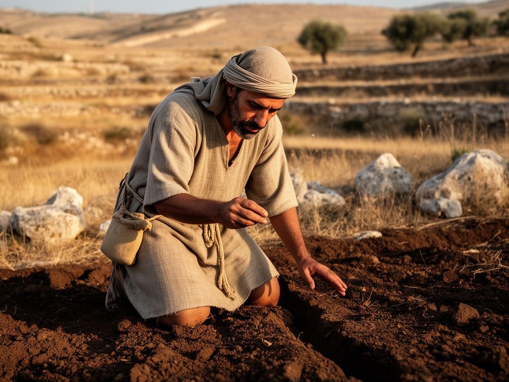 Homem de túnica simples, ajoelhado em um campo arado da Palestina do primeiro século, segurando entre os dedos um grão minúsculo de mostarda antes de depositá-lo na terra, sob a luz dourada do fim da tarde, com colinas secas ao fundo.