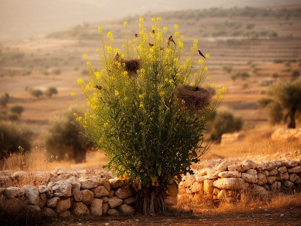 Grande arbusto de mostarda preta no fim da tarde, na Palestina do primeiro século, com ramos altos e abertos onde pequenas aves pousam e fazem ninho, sob luz dourada e rasante.