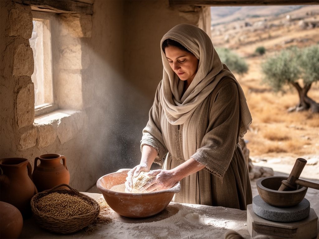 Mulher de véu amassando massa de pão numa tigela grande de barro, com farinha espalhada na bancada, dentro de uma cozinha simples de casa de pedra iluminada pela luz da janela.