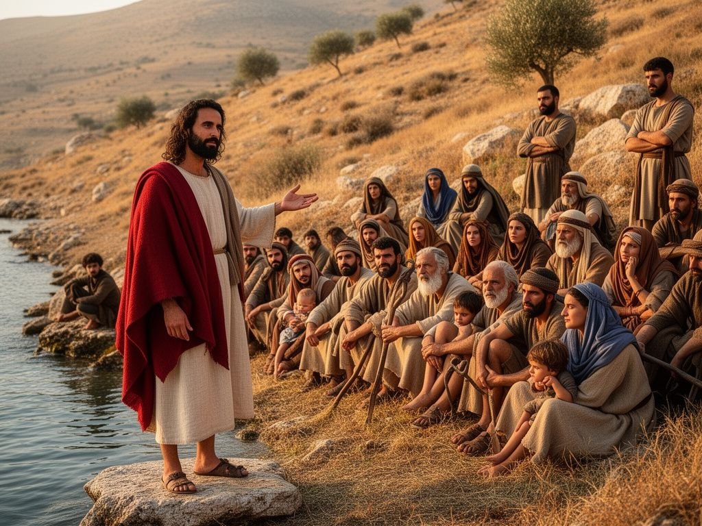 Jesus, homem do Oriente Médio com túnica cor de creme e manto vermelho, ensina ao entardecer uma multidão sentada na encosta verde junto ao mar da Galileia, com a luz dourada do fim de tarde sobre a água.