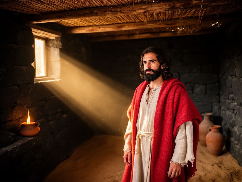 Interior de uma casa simples de pedra em Cafarnaum ao fim da tarde, com Jesus de túnica cor de creme e manto vermelho sentado e um pequeno grupo de discípulos reunido ao redor, em conversa reservada, iluminados pela luz que entra por uma janela pequena.