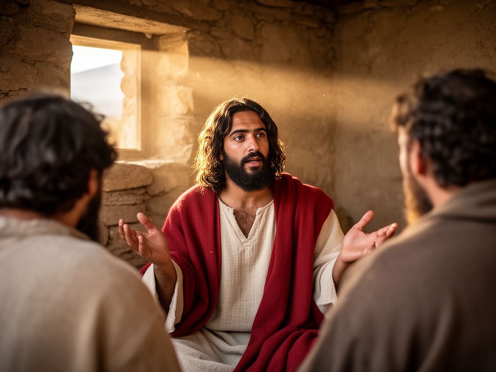 Jesus dentro de uma casa de pedra explica a parábola aos discípulos, com as mãos em gesto de explicação, iluminado pela luz quente do fim de tarde que entra por uma janela pequena.