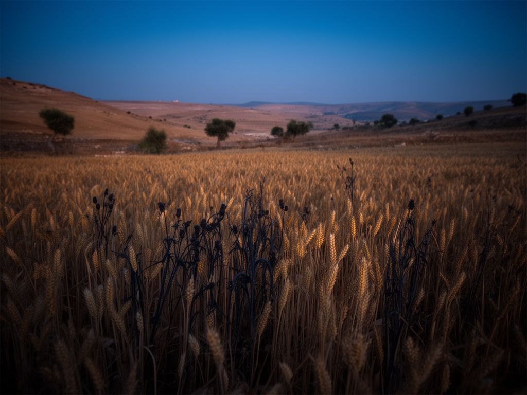 Campo de trigo ao anoitecer sob luz azulada do crepúsculo, com espigas douradas e hastes escuras de joio visíveis entre elas, sombras longas sobre a lavoura em clima de espera antes da colheita.