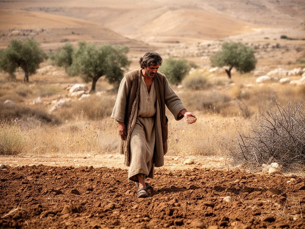 Um semeador caminha por um campo recém-arado ao amanhecer, lançando punhados de sementes com um gesto amplo do braço; os grãos se espalham pela terra, por uma trilha batida e junto a moitas de espinhos, sob o céu dourado da Galileia do primeiro século.