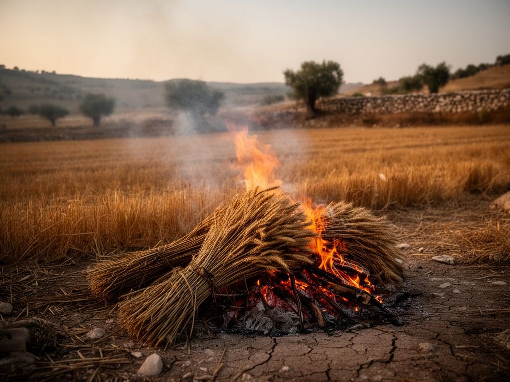 Feixes de joio seco amarrados queimando numa fogueira baixa na beira de um campo já ceifado, ao entardecer, com fumaça subindo e restolho dourado ao redor.