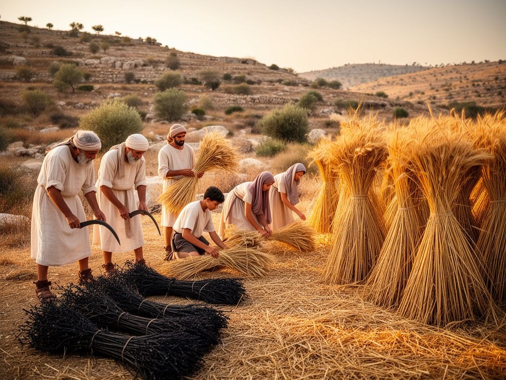 Ceifeiros de túnica clara colhem trigo ao amanhecer em um campo dourado, separando os molhos de trigo em pé, de um lado, dos feixes escuros de joio amarrados no chão, do outro, sob luz rasante e poeira suspensa no ar.