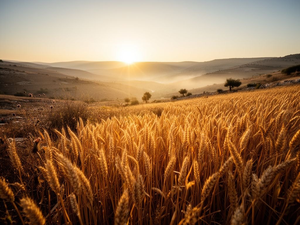 Campo de trigo maduro ao nascer do sol, com as espigas douradas acesas pela luz rasante e o sol subindo atrás das colinas da Galileia, em meio a uma névoa fina que se dissipa.