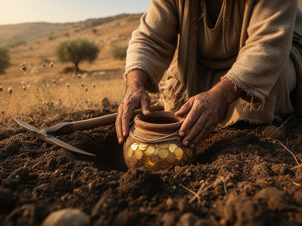 As mãos de um lavrador afastam a terra escura de um campo e revelam a borda de um pote de barro lacrado, cheio de moedas de ouro antigas, com uma enxada caída ao lado, sob a luz do fim de tarde na Palestina do primeiro século.