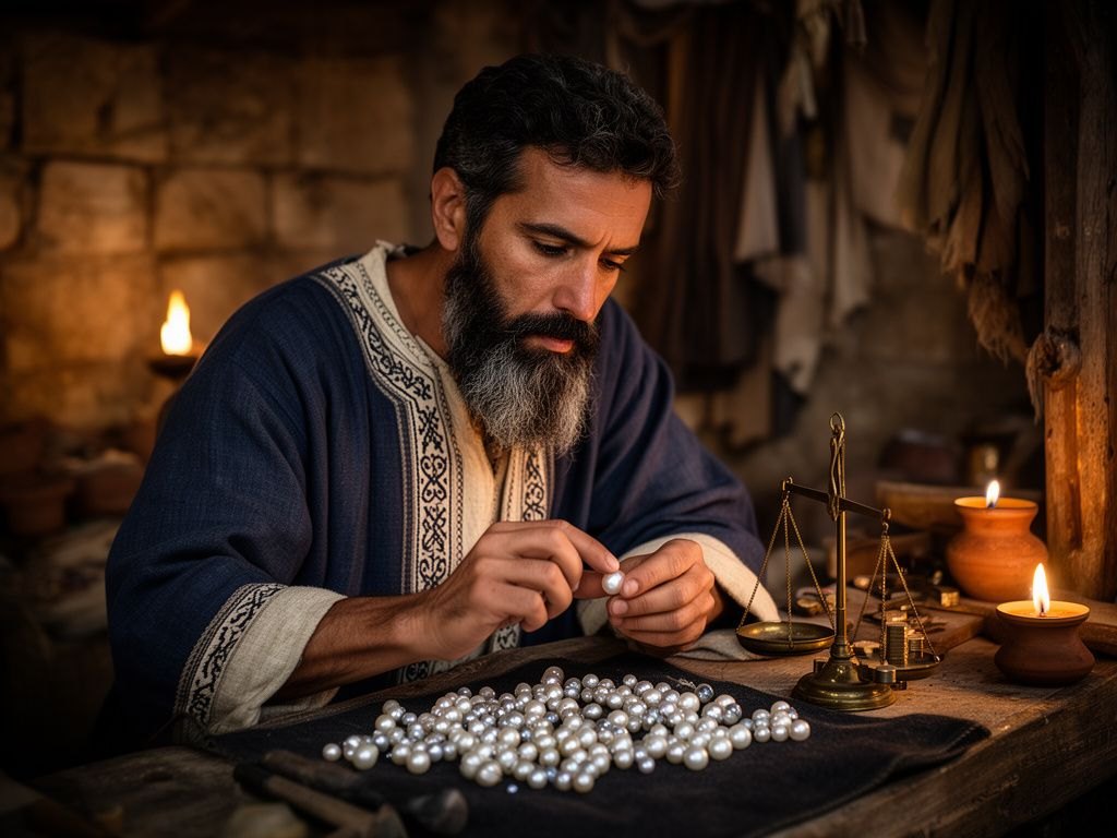 Negociante de meia-idade do Oriente Médio, de túnica de bom tecido, examinando pérolas soltas sobre um pano escuro numa bancada de madeira, em um mercado antigo iluminado por lamparinas, com uma pequena balança de bronze ao lado.