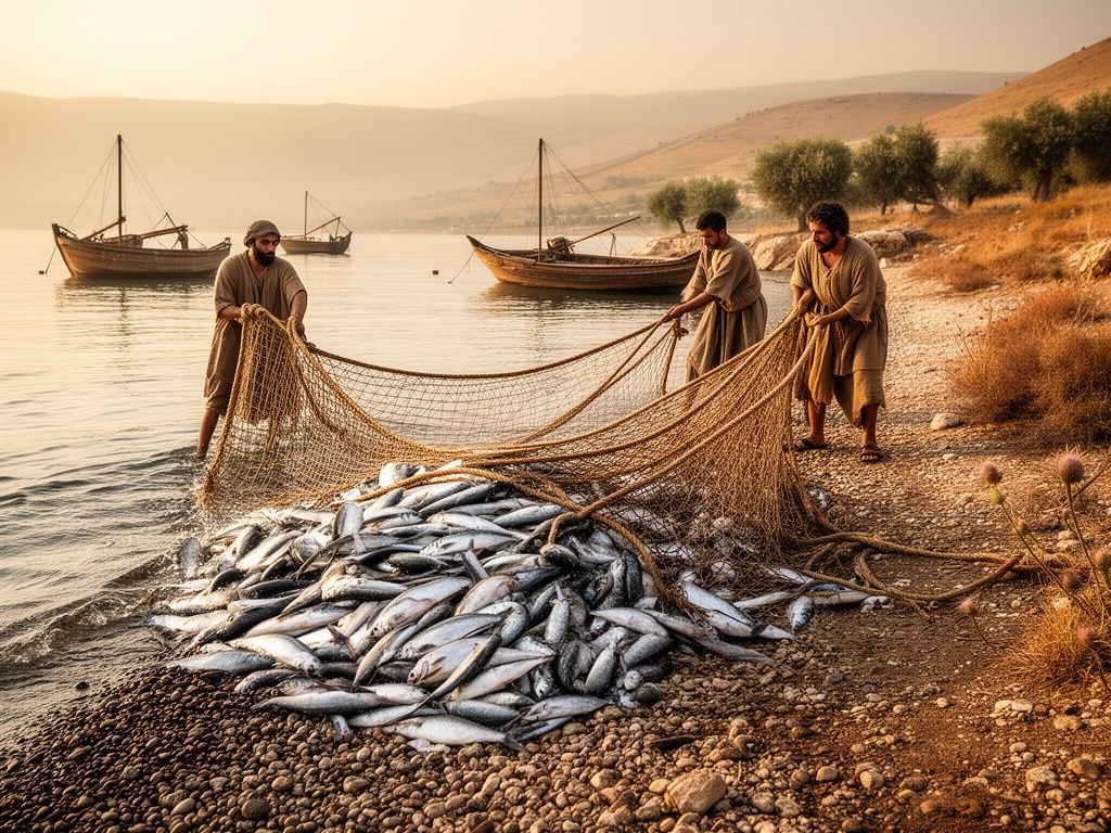 Uma grande rede de arrasto sendo puxada da água para a praia de pedras do mar da Galileia ao amanhecer, cheia de peixes prateados, com cordas tensionadas, água escorrendo e dois barcos de madeira ao fundo, enquanto pescadores de túnica curta puxam as cordas.