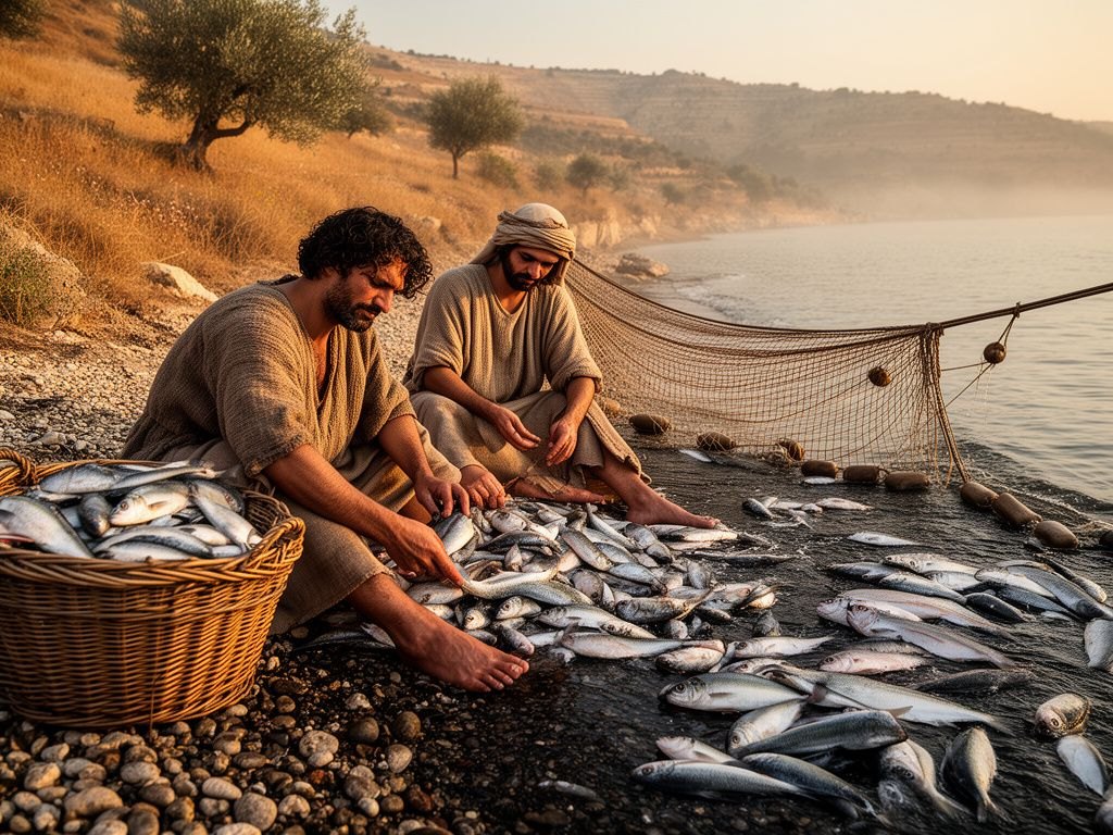 Pescadores sentados numa praia de pedras ao amanhecer separando o peixe da pescaria, com cestos de vime cheios de peixes prateados de um lado, peixes descartados na areia molhada do outro e a rede de arrasto aberta ao fundo.