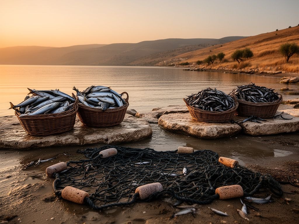 Praia do mar da Galileia ao entardecer, com dois montes distintos de cestos de peixes separados sobre as pedras, a rede de arrasto vazia estendida na areia e o mar calmo ao fundo sob a luz baixa alaranjada.
