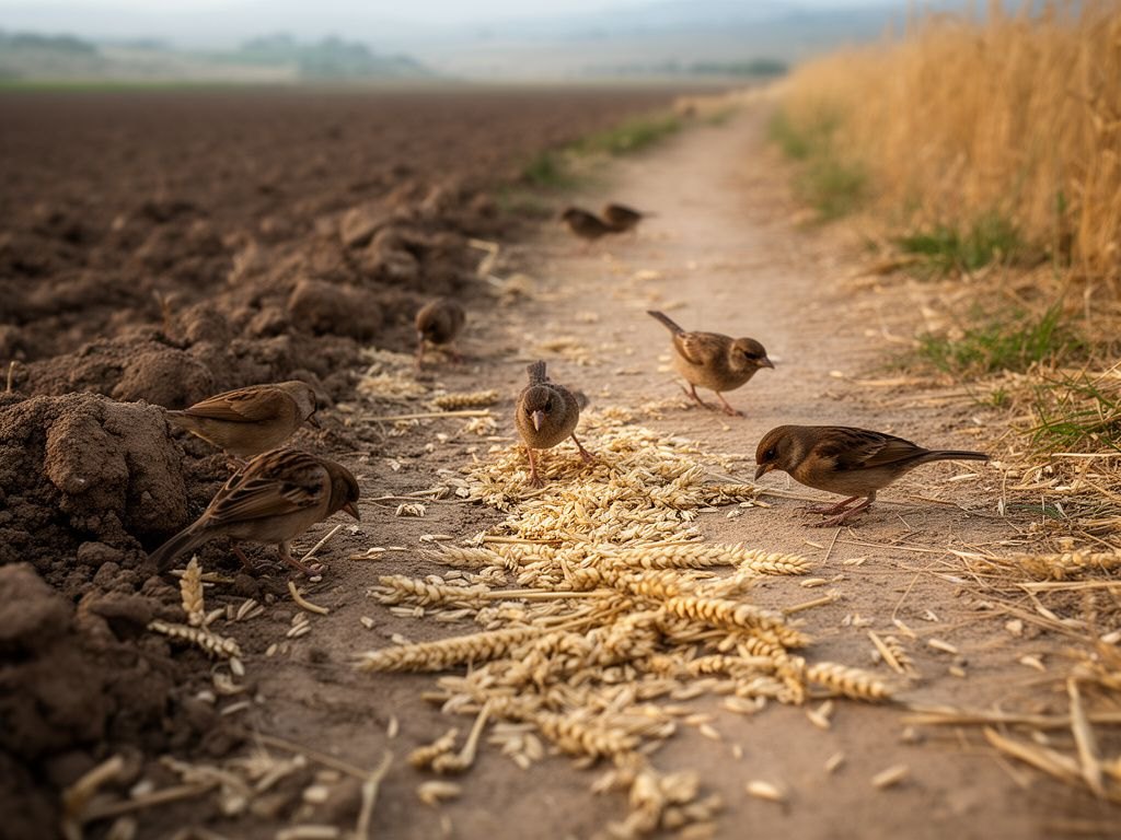 Um semeador espalha grãos com a mão num campo aberto da Galileia ao amanhecer; à beira de um caminho de terra batida, algumas sementes repousam na superfície enquanto pássaros se aproximam para colhê-las.