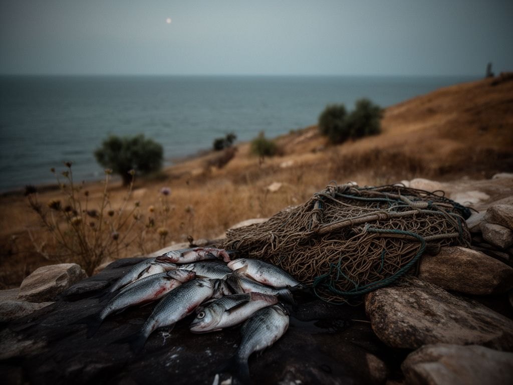 Peixes descartados sobre as pedras escuras de uma praia ao anoitecer, ao lado de uma rede de pesca velha recolhida, com o mar quase sem luz ao fundo, em atmosfera sóbria e melancólica.