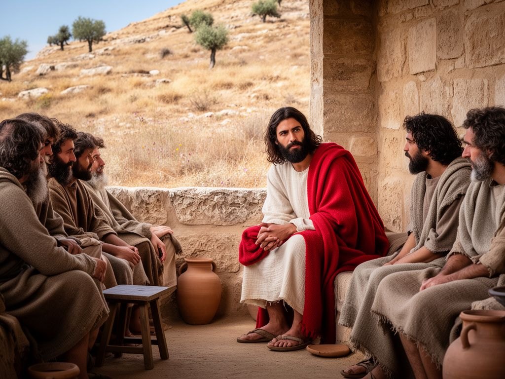 Interior de uma casa simples de pedra em Cafarnaum ao fim da tarde. Jesus, sentado, olha para um pequeno grupo de discípulos como quem acabou de fazer uma pergunta, enquanto a luz dourada entra pela porta aberta.