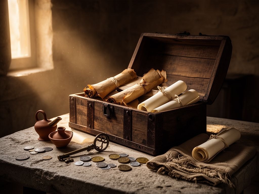 Um baú de madeira antigo e aberto sobre uma mesa de pedra, com rolos de pergaminho envelhecidos ao lado de rolos novos e claros, moedas antigas e objetos de família, iluminado pela luz quente de uma janela num quarto de casa de pedra.