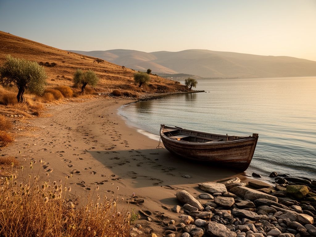 A margem do mar da Galileia ao fim da tarde, já vazia: pegadas na areia e nas pedras, um barco de madeira encalhado na beira, a luz baixa e dourada refletida na água calma e as colinas ao fundo, transmitindo a sensação de fim de jornada.
