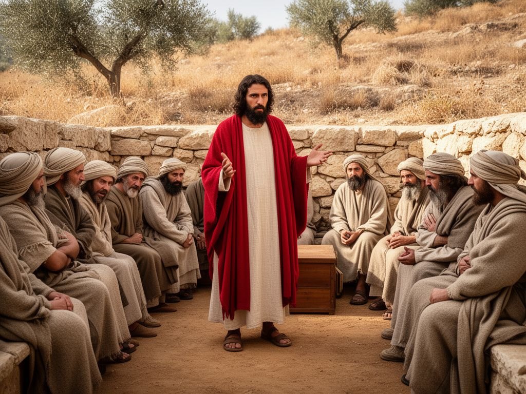 Interior de uma pequena sinagoga rural de pedra do primeiro século: Jesus, de túnica cor de creme e manto vermelho, ensina de pé enquanto homens sentados em bancos de pedra o observam com espanto e desconfiança, sob a luz que entra por janelas altas e estreitas.