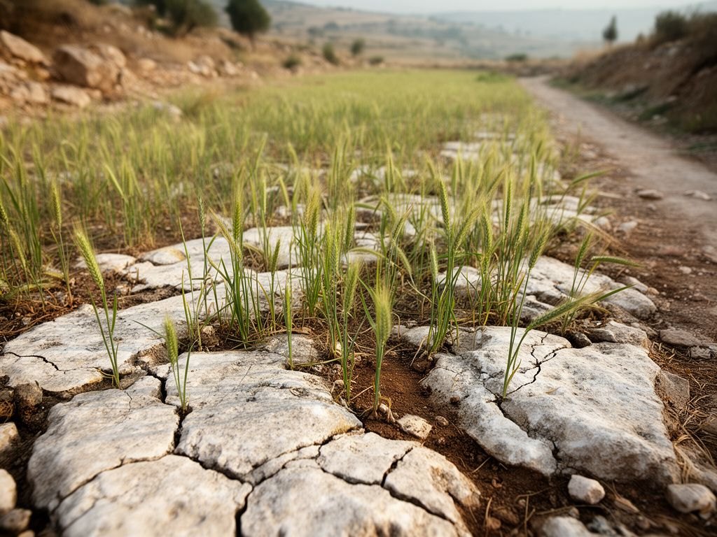 Um campo na Palestina do primeiro século sob o sol da manhã: uma fina camada de terra sobre a rocha clara de calcário, com brotos verdes de trigo que despontam depressa no solo raso; ao lado, uma trilha estreita e algumas espigas.