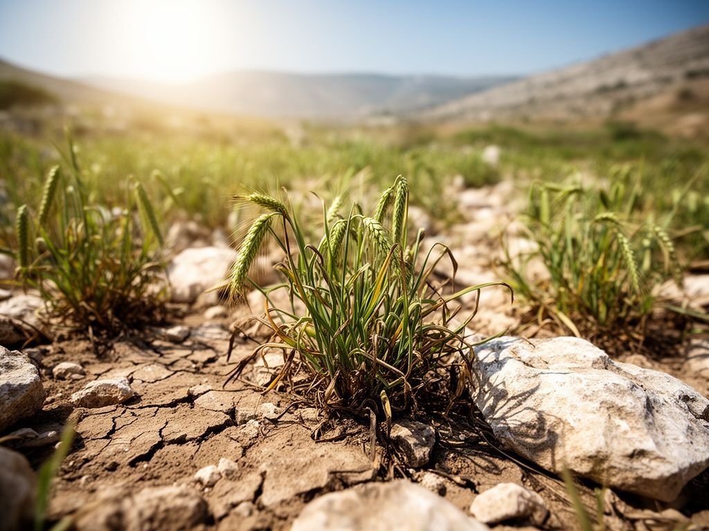 Sob o sol forte do meio-dia, pequenos brotos verdes despontam num solo raso e pedregoso da Galileia; algumas plântulas já aparecem ressequidas sobre as pedras, enquanto ao fundo se estende o campo semeado do primeiro século.