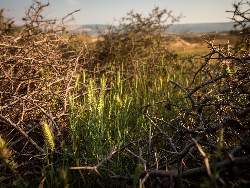 Ao amanhecer, um campo de trigo na Galileia do primeiro século; entre moitas de espinheiros e cardos brotam mudas verdes e frágeis de cereal, e a luz dourada da manhã ilumina a terra lavrada e as hastes espinhosas ao redor das plantas novas.
