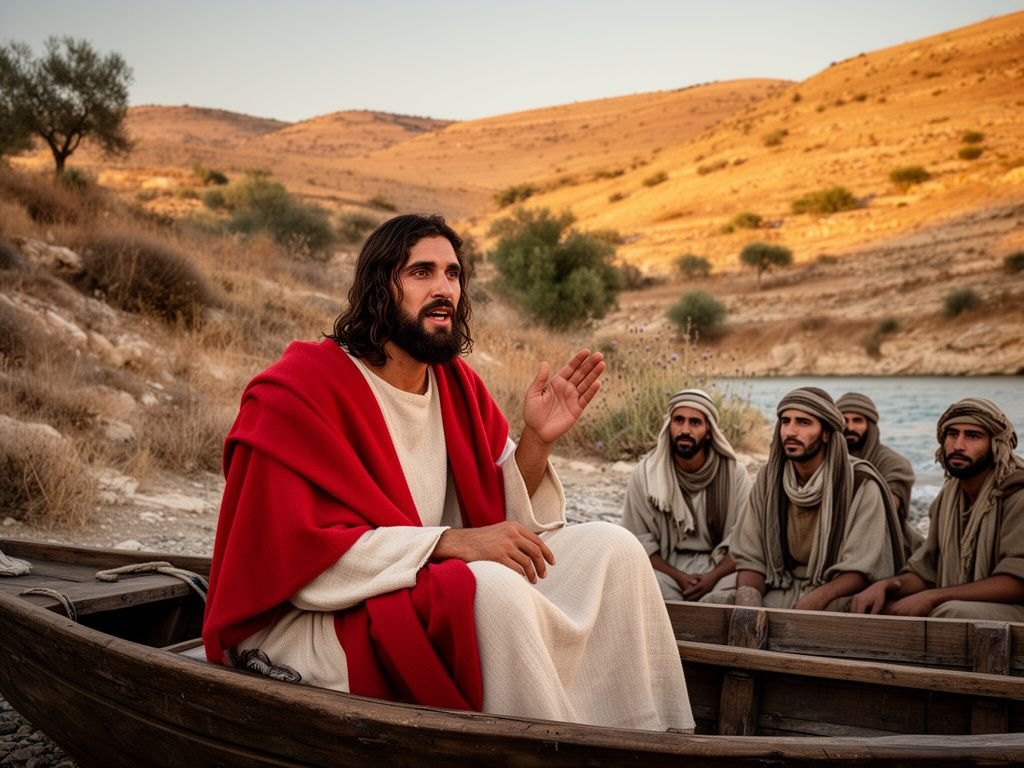 Jesus sentado num barco de madeira junto à margem do mar da Galileia, ao entardecer, ensinando; na praia, um grupo atento de homens, mulheres e crianças o escuta em silêncio, com campos dourados de trigo ao fundo sob a luz suave do fim de tarde, ambiente do primeiro século.