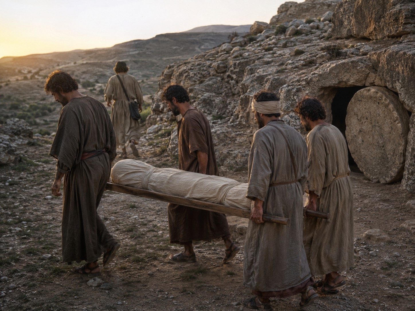 Homens carregando um corpo envolto em panos por um caminho de pedras, ao entardecer, rumo a um sepulcro.