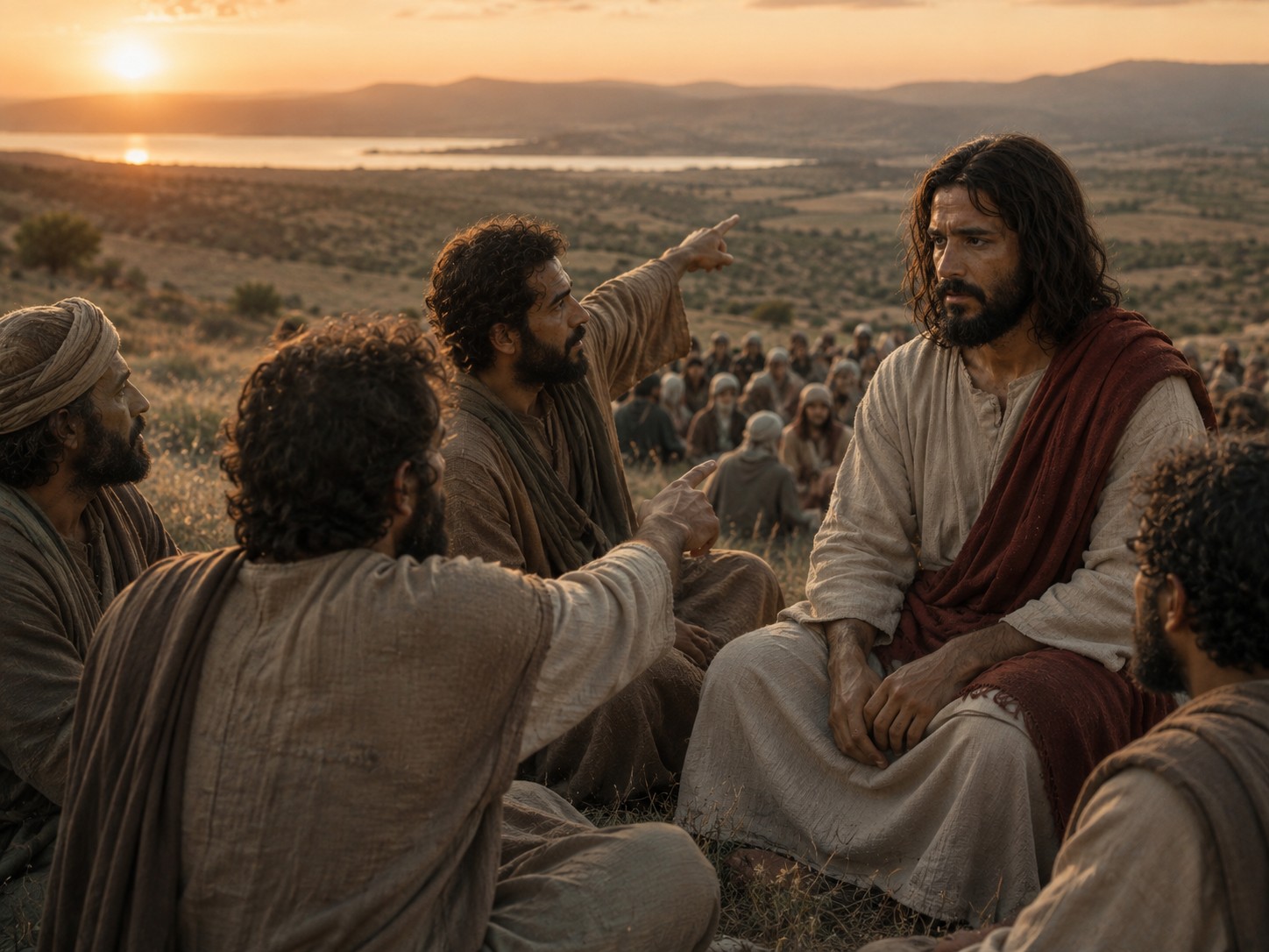 Discípulos conversando com Jesus ao entardecer, com a multidão sentada pela encosta ao fundo.