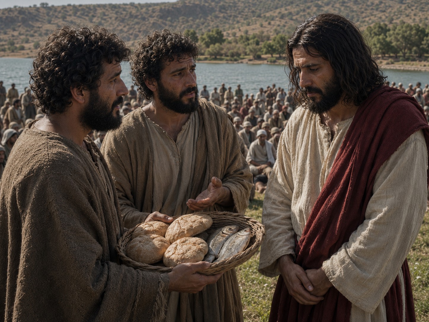 Discípulo mostrando um cesto com poucos pães e dois peixes, diante de Jesus e da multidão ao fundo.