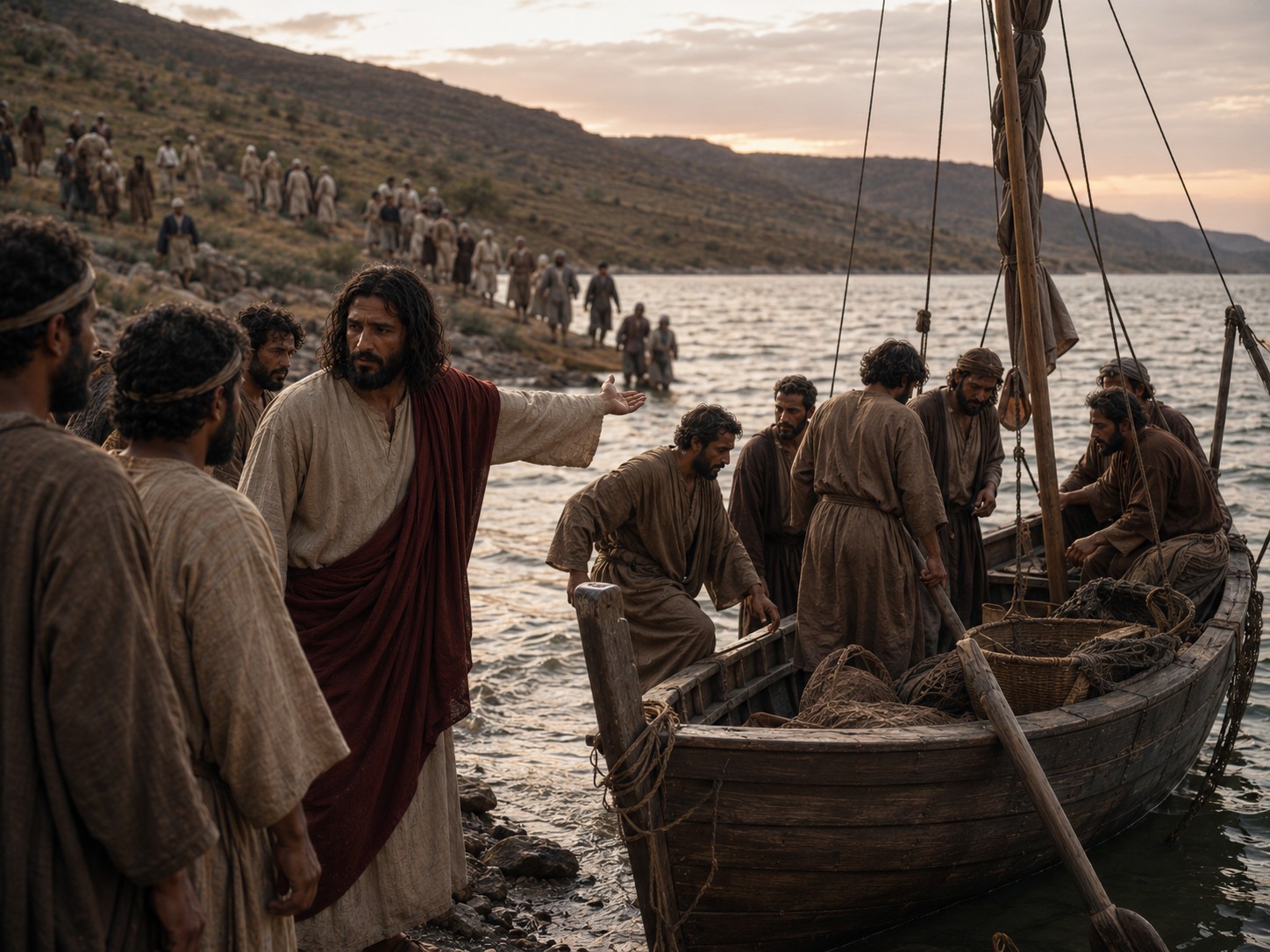 Discípulos embarcando às pressas ao entardecer enquanto Jesus permanece na margem com a multidão.