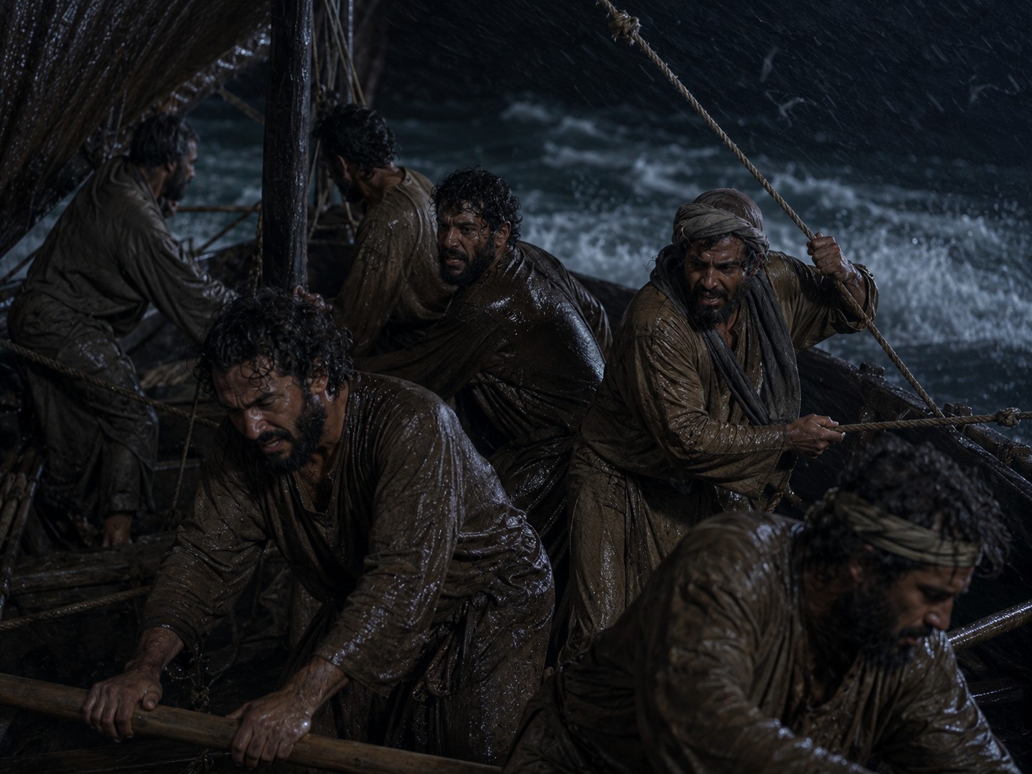 Barco pequeno sacudido por ondas altas no meio do lago, à noite, com homens remando encharcados.