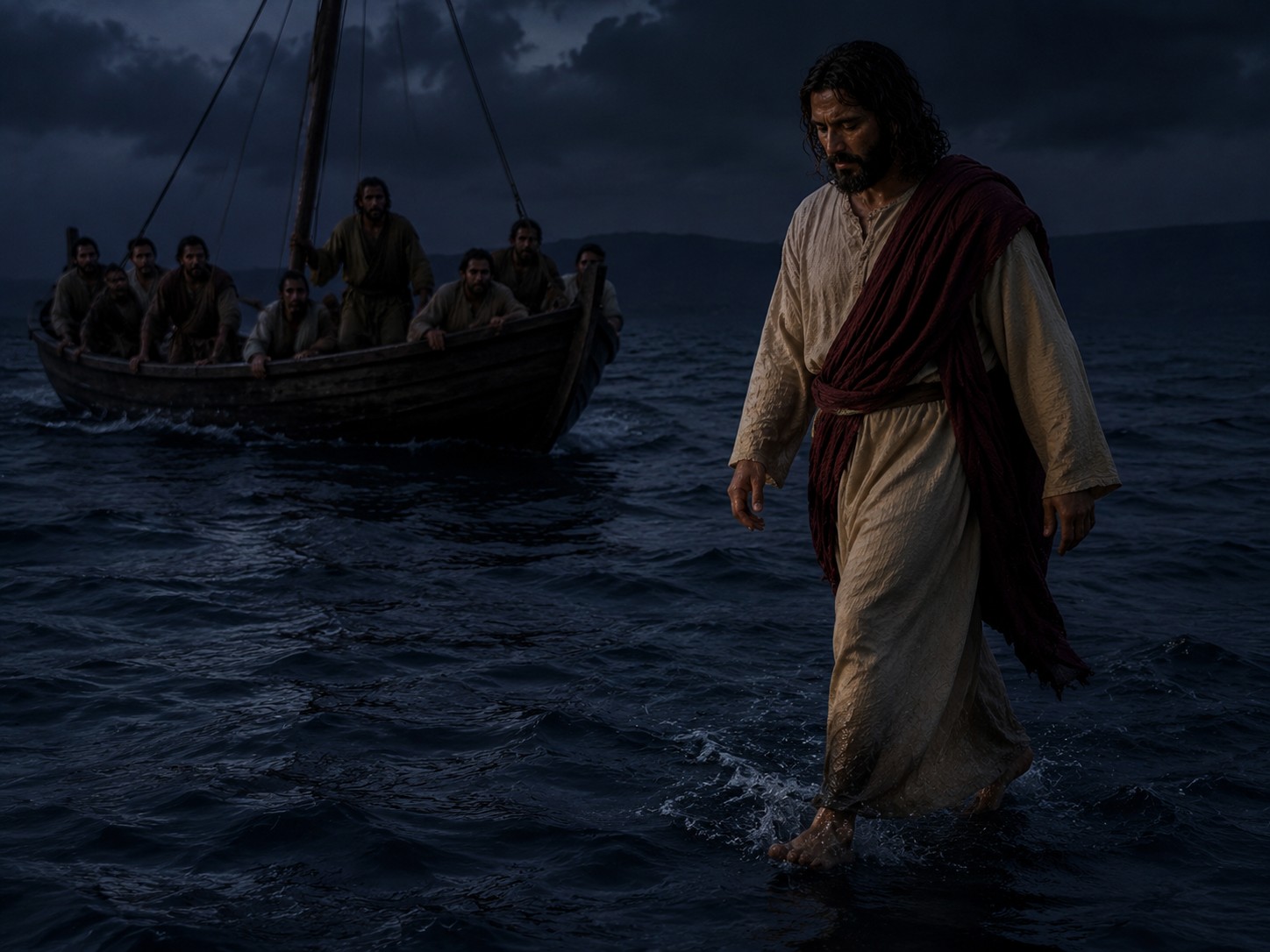 Figura de um homem caminhando sobre a água escura à noite, com um barco iluminado ao longe.