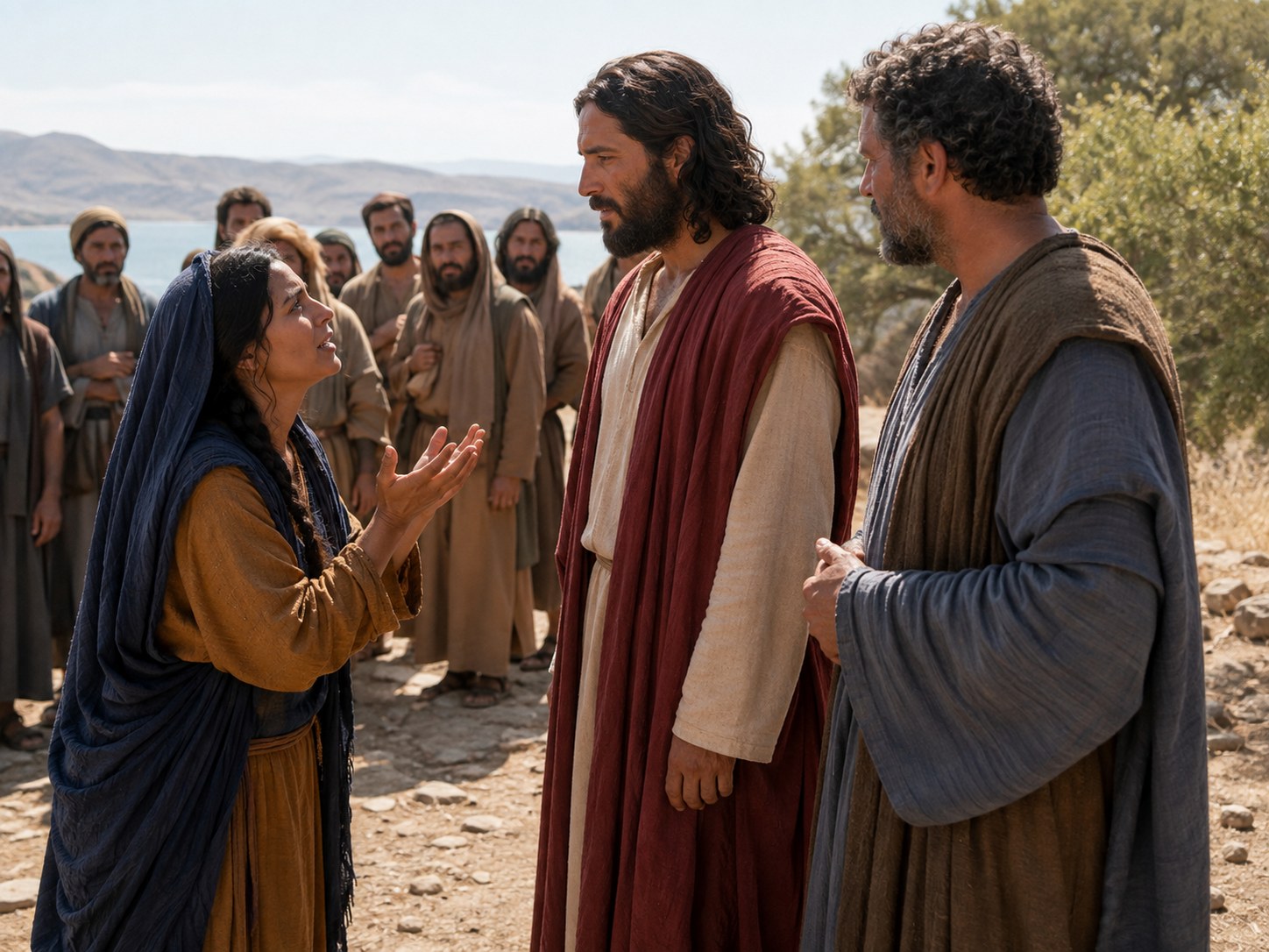 Mulher de vestes simples e cabelos cobertos, com o rosto em súplica, chamando em voz alta na beira de uma estrada de terra enquanto um grupo de homens segue adiante sem parar.