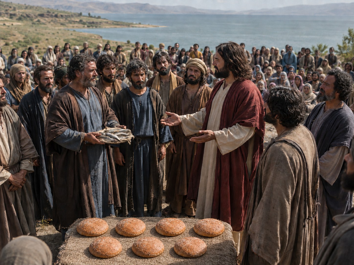 Mãos segurando pães achatados de cereal e alguns peixes pequenos secos sobre um pano estendido no chão de terra, ao ar livre.