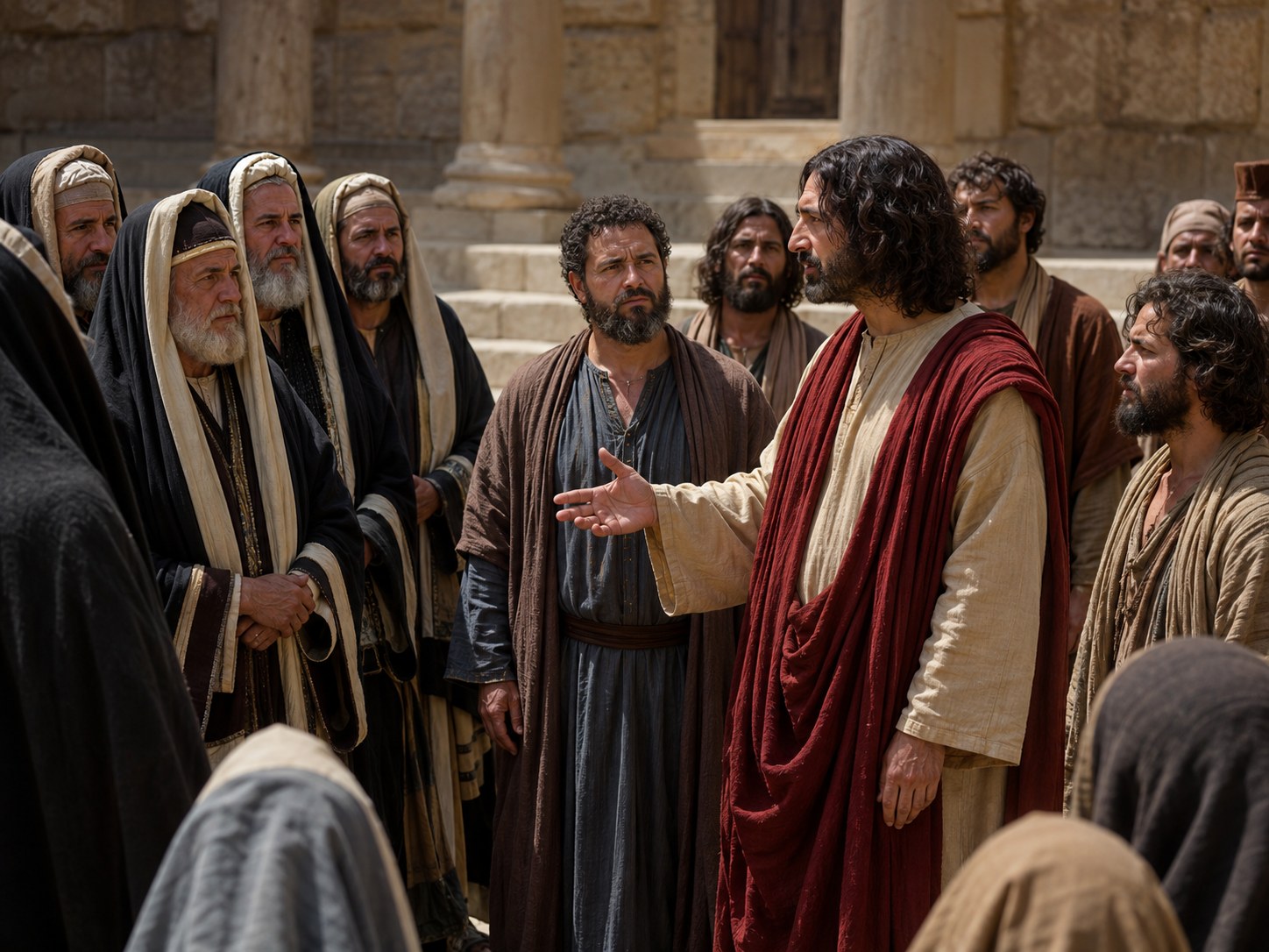 Homens de vestes antigas orando de pé diante do pátio do Templo de Jerusalém ao amanhecer, de lábios entreabertos e olhar disperso.