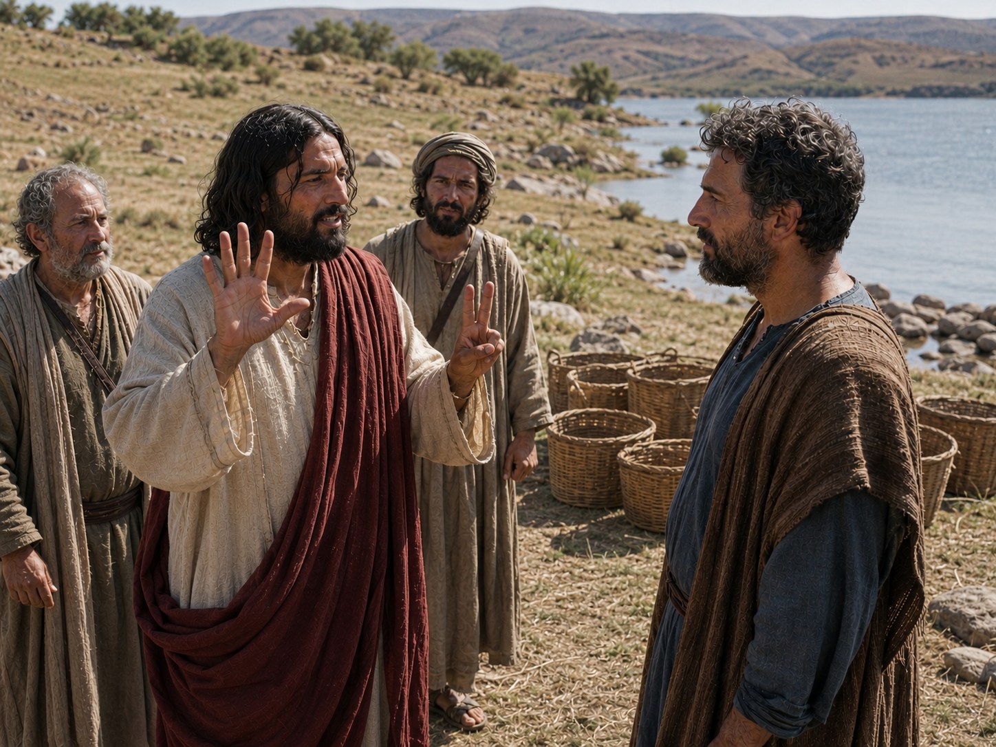 Dois cestos lado a lado sobre a areia de uma margem: um pequeno cesto de vime com alça e um cesto grande trançado de corda, com pedaços de pão dentro.