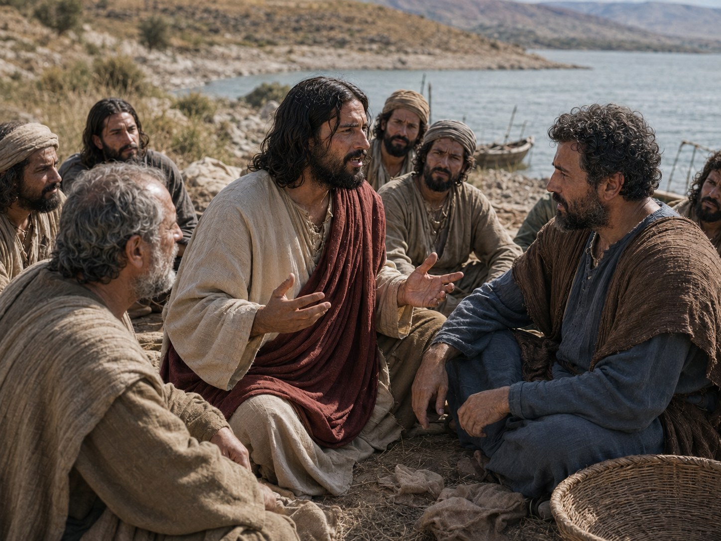 Homens conversando dentro de um barco de pesca em travessia, um deles apontando para um cesto vazio, com o lago calmo e a margem distante ao amanhecer.