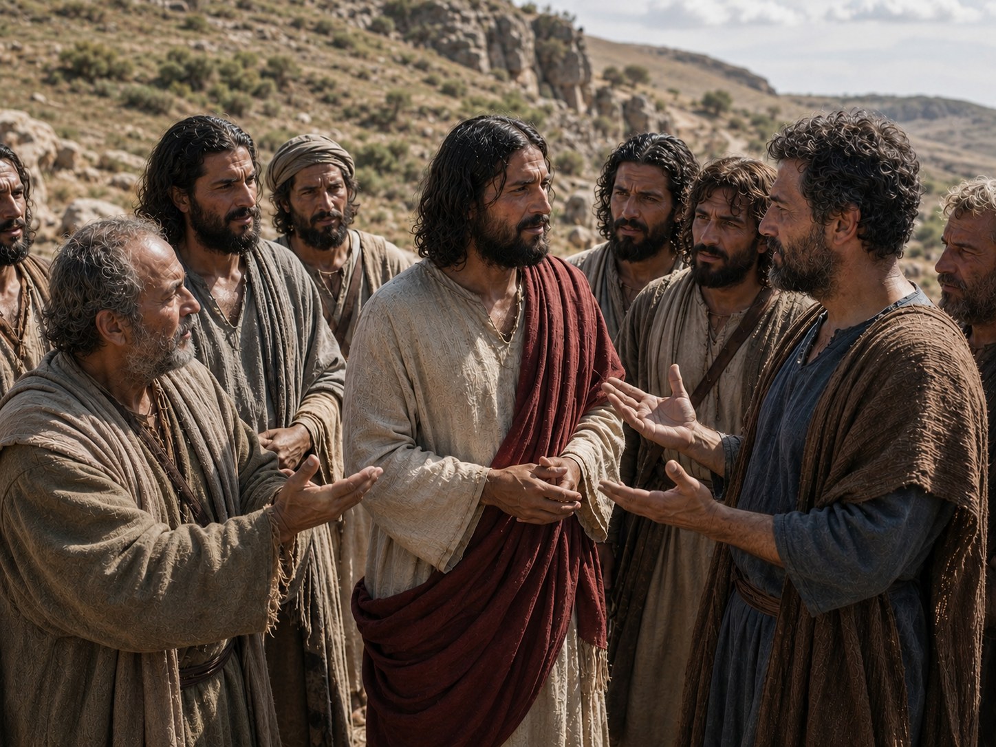 Grupo de homens conversando ao ar livre num caminho de pedras, com colinas ao fundo, um deles falando e apontando enquanto os outros escutam.