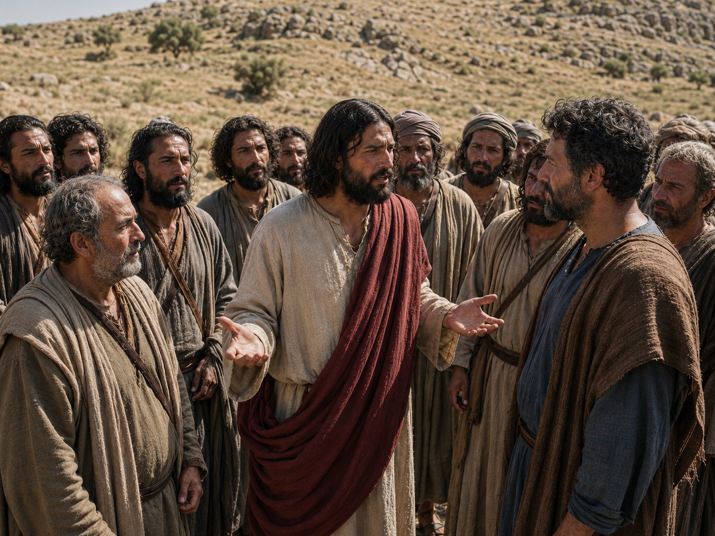 Homem de vestes simples voltado para um pequeno grupo sentado à sua frente, ao ar livre, no fim da tarde, com todos os rostos atentos a ele.
