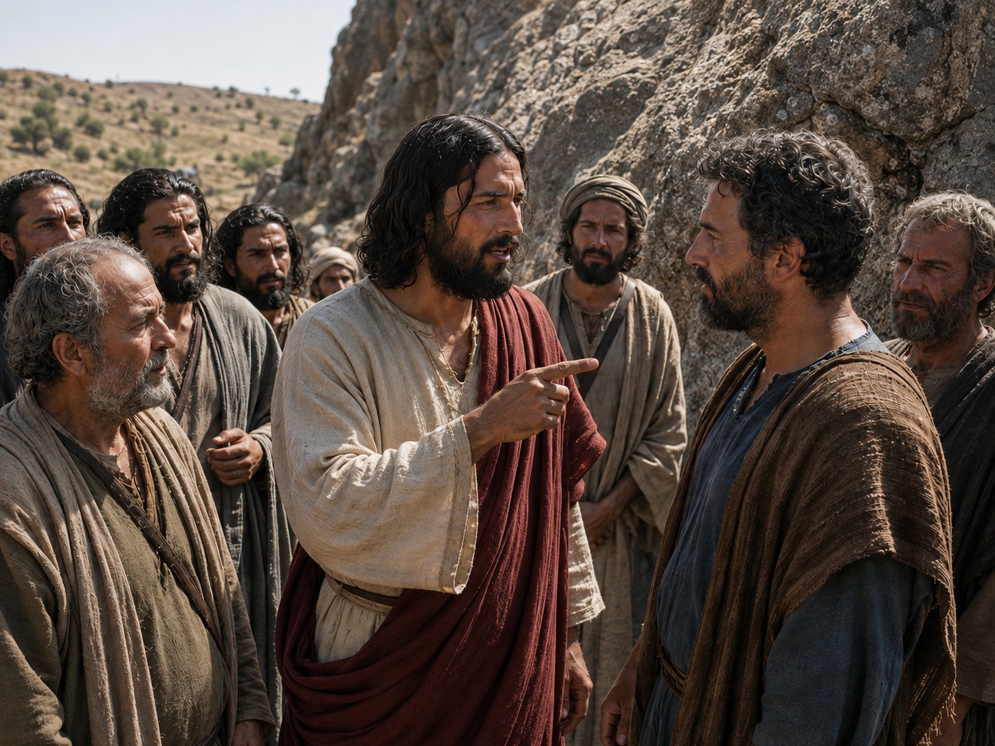 Grande rochedo de calcário com uma gruta escura na base, de onde brota água, e um grupo de homens de vestes antigas conversando em primeiro plano.